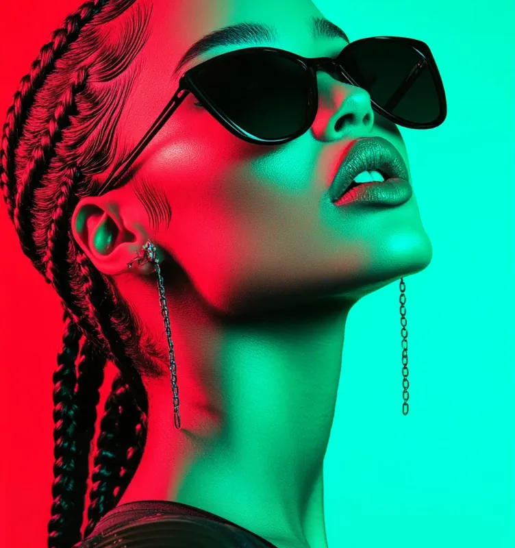 African American with braided hair in shades of green and brown against teal background