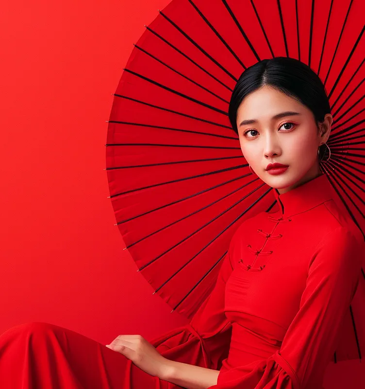 Young Asian woman wearing a red dress and holding a red umbrella