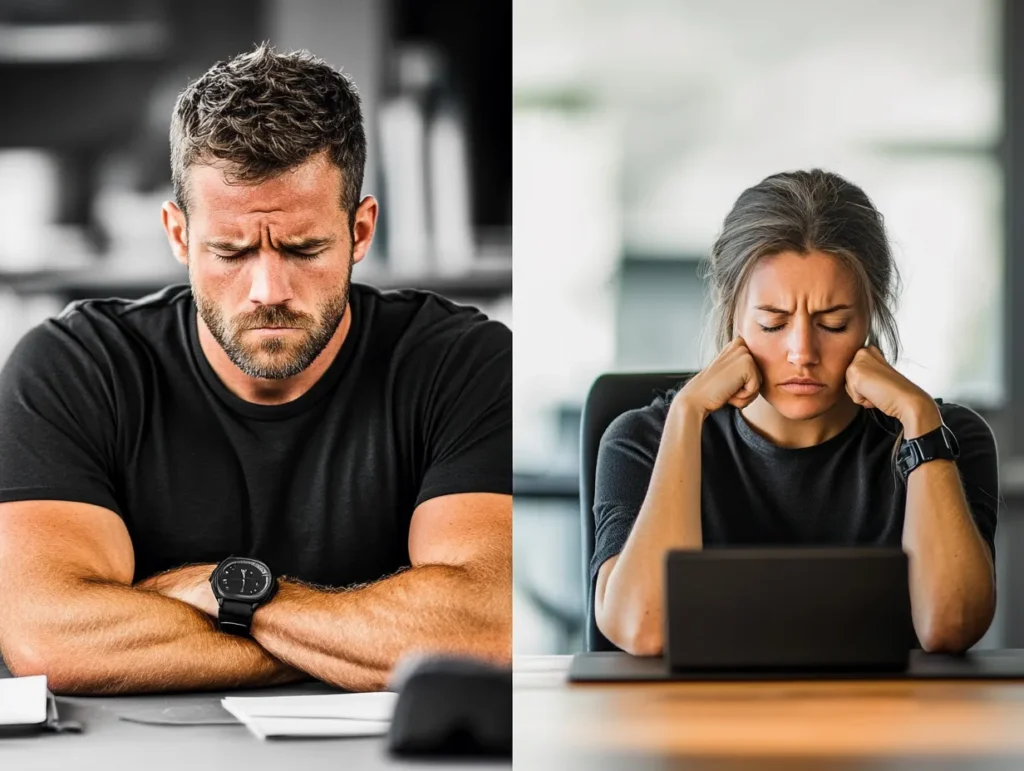 Split image showing a man on the left and the woman on the right struggling to accomplish a task